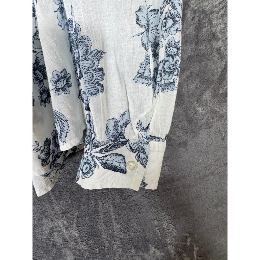 Ann Taylor Blue Floral Cotton Blouse Long Sleeve Split Neck White Top Size M - Picture 5 of 10